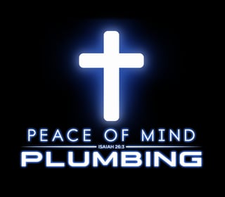 Neon glowing white cross with Peace of Mind Plumbing company name and Isaiah 26:3 Bible verse on black background