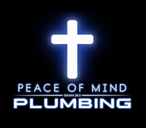 Neon glowing white cross with Peace of Mind Plumbing company name and Isaiah 26:3 Bible verse on black background